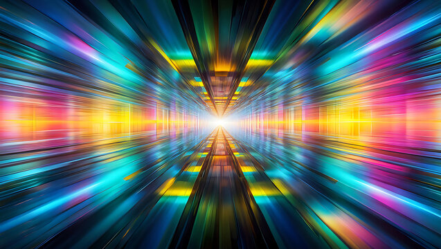 Abstract Speed of Light Tunnel Vision Perspective with Vibrant Colors and Geometric Patterns Leading to a Bright Horizon