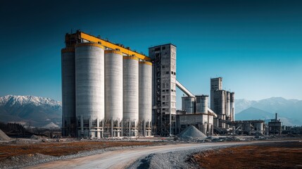 Obraz premium Massive Concrete Silos at a Modern Refinery in Mountain Landscape