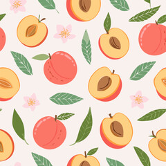 Seamless pattern with whole peaches, peach halves, green leaves, and pink blossoms on pastel background. Fresh summer fruit design in minimal, clean, hand-drawn retro style