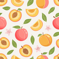 Seamless pattern with whole peaches, peach halves, green leaves, and pink blossoms on pastel background. Fresh summer fruit design in minimal, clean, hand-drawn retro style