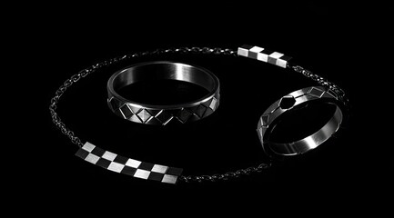 Two sleek, dark metal rings and a matching chain necklace with checkered patterns rest on a black reflective surface.  The jewelry displays geometric designs and a minimalist aesthetic