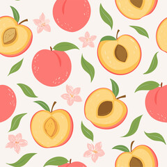 Seamless pattern with whole peaches, peach halves, green leaves, and pink blossoms on pastel background. Fresh summer fruit design in minimal, clean, hand-drawn retro style