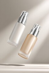Two sleek, frosted-glass pump bottles, one white, one beige, levitate against a minimalist beige backdrop, illuminated by a soft, directional light