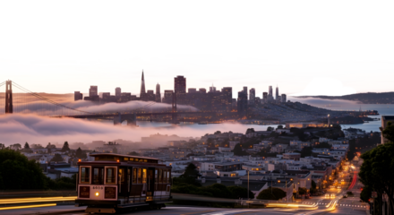 view from the top of the smoggy city skyline at sunrise, transparent background
