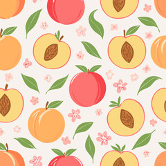 Seamless pattern with whole peaches, peach halves, green leaves, and pink blossoms on pastel background. Fresh summer fruit design in minimal, clean, hand-drawn retro style