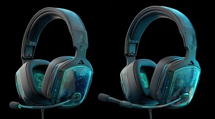 Two sleek, over-ear gaming headsets with integrated microphones and vibrant teal internal lighting, displayed against a black backdrop, showcasing their design and functionality