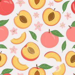 Seamless pattern with whole peaches, peach halves, green leaves, and pink blossoms on pastel background. Fresh summer fruit design in minimal, clean, hand-drawn retro style