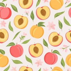Seamless pattern with whole peaches, peach halves, green leaves, and pink blossoms on pastel background. Fresh summer fruit design in minimal, clean, hand-drawn retro style