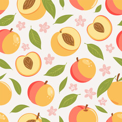 Seamless pattern with whole peaches, peach halves, green leaves, and pink blossoms on pastel background. Fresh summer fruit design in minimal, clean, hand-drawn retro style