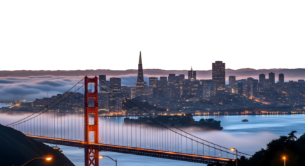 golden gate bridge at night, city skyline, transparent background, San Francisco