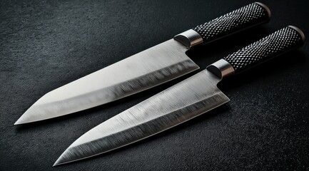 Two sleek, stainless steel chef's knives with textured black handles lie parallel on a dark surface, exhibiting subtle patina and sharp points
