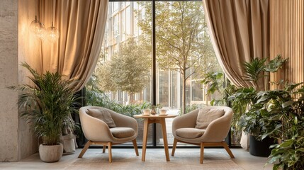 Relaxing lounge area with large windows, plush armchairs, and potted plants offering a tranquil view of an urban landscape.