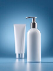 Two sleek white cosmetic containers, a pump bottle and a tube, stand against a muted blue backdrop.  The image emphasizes clean lines and minimalist design