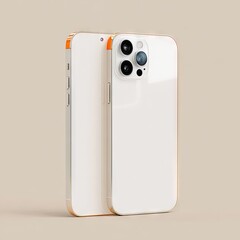 Two sleek, white smartphones stand angled, showcasing a triple-lens camera and subtle orange accents on their sides against a muted beige backdrop