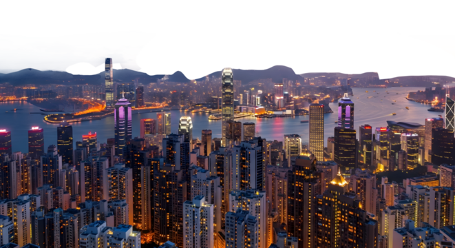 Panorama, skyline aerial view at sunset, city skyline, transparent background