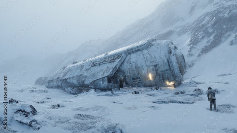 Poster crashed spaceship in snowy landscape with adventurers exploring scene