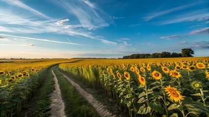 Rural landscape with sunflower field under bright blue sky