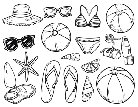 Doodle-style black illustrations of beach vacation essentials hand-sketched summer isolated on a transparent background.