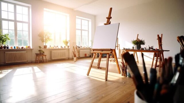 Bright Art Studio with Wooden Easel and White Canvas Near Windows And Plants in White Interior Design With Clean Floor and Sunlight