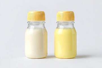 Two small, clear plastic bottles with yellow lids, containing off-white and yellow liquids, sit side-by-side on a white background