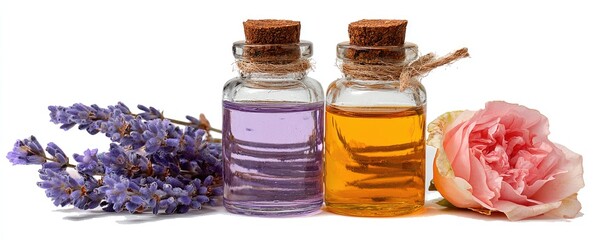 Two small glass bottles of essential oils, one purple, one amber, sit beside sprigs of lavender and a pink rose against a white backdrop