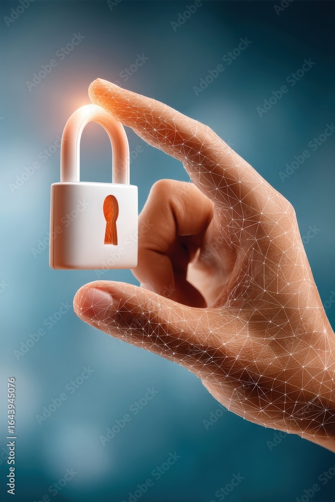 Poster digital hand unlocking a shining padlock symbolizing cybersecurity and access