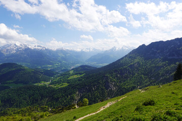 The panorama of Berchtesgadener valley opening from the mountain Untersberg, Germany     