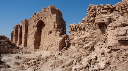 Fototapeta premium Crumbling Walls of an Ancient Mesopotamian Palace Ruins