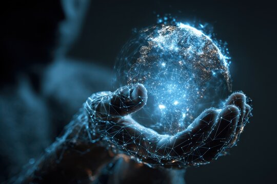 Person holding a glowing globe created from digital connections in a dark setting