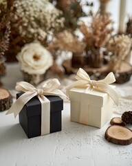 Two small square gift boxes, one black and one cream, adorned with beige satin ribbons and bows, rest on a white surface among dried floral arrangements and wood slices