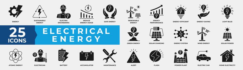 Electrical Energy Solid Icon Collection Set. Containing electric, energy, battery, solar, renewable, sustainable, sun, safe energy and performance. Simple Solid Vector Illustration.