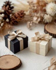 Two small, square gift boxes, one black and one cream, adorned with beige ribbons, sit on a light surface amidst dried flowers and wood slices
