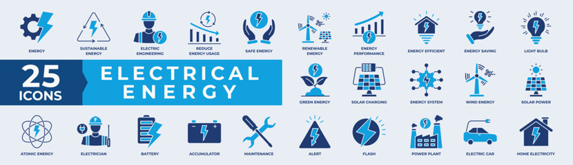 Electrical Energy Flat Icon Collection Set. Containing electric, energy, battery, solar, renewable, sustainable, sun, safe energy and performance. Simple Flat Vector Illustration.