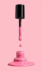 Pink nail polish bottle with a single drop falling from the brush against a pale pink background.  The polish is glossy and the bottle is slightly opened
