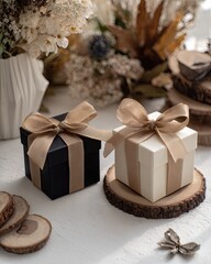 Two small square gift boxes, one black, one white, adorned with tan ribbons, rest on wooden slices against a backdrop of dried flowers and wood