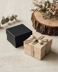 Two small square gift boxes, one black, one beige with a beige ribbon, sit on a light beige fabric background, near dried flowers on a wood slice