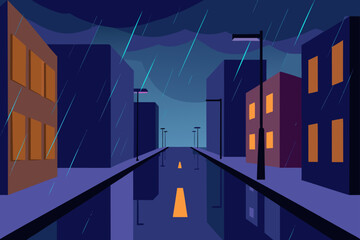 Rainy City Street At Dusk