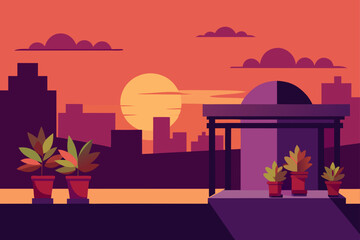 Rooftop Garden At Sunset