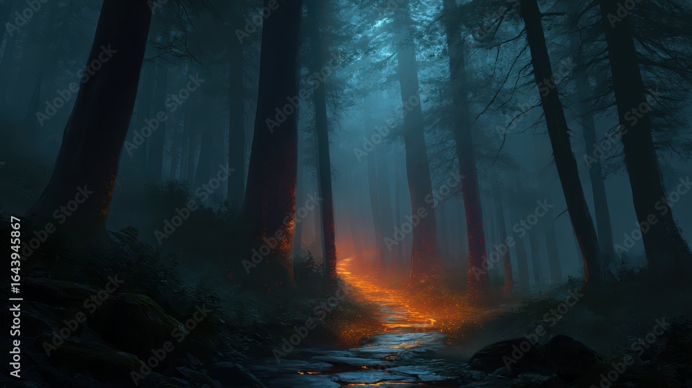 Poster glowing pathway through dark forest with ethereal mist and trees