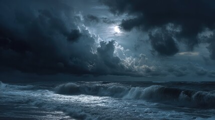 Dark Clouds Over Raging Sea at Night Time with Eerie Atmosphere