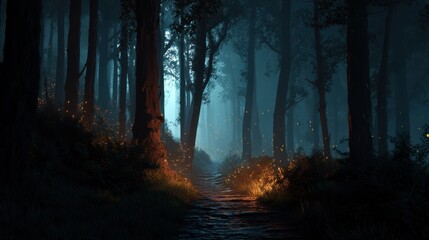 Obraz premium Enchanted Dark Forest with Glowing Path and Mystical Light