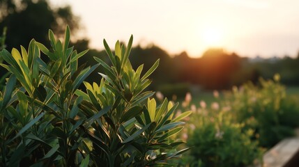 Vibrant lush greenery of emerald leaves bathed in warm sunlight with serene natural background perfect for spring outdoor themes