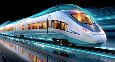 Fototapeta premium High-speed modern train traveling with a futuristic background at night