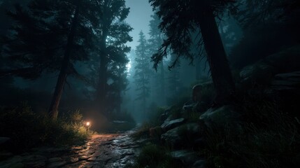 Obraz premium Mysterious Dark Forest Path with Glowing Lights at Night