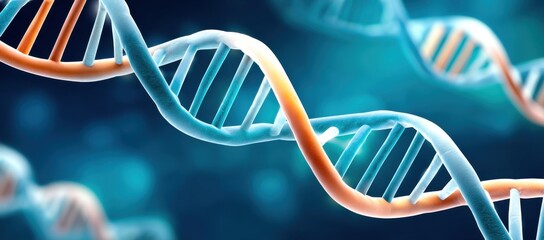 Close-up depiction of DNA helix structure against a blue digital background