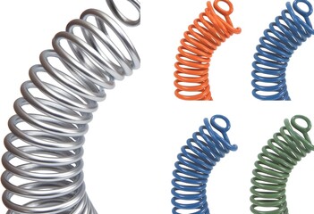 A close up view of multiple coiled hoses in silver, orange, blue, and green colors on a white background