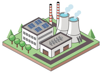Digital representation of a carbon capture and storage facility within an eco-friendly industrial factory, reducing CO2 emissions.
