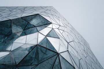 Modern architectural design featuring intricate glass patterns against an overcast sky