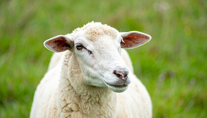 Fototapeta premium Portrait of cute white sheep. Domestic animal. Blurred green pasture.