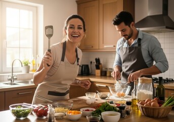 Happy couple cooking together in a bright modern kitchen